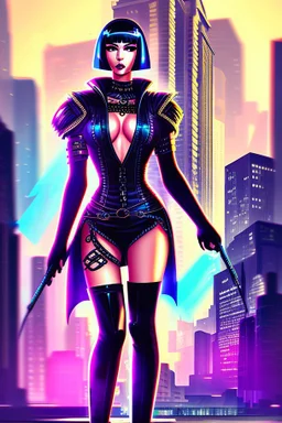 full-body-art of a woman with a bob with a fringe hairstyle, Cleopatra clothing, black knee-high boots, cyberpunk city background