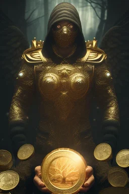 running berserker portrait , no face, black jogging suite , in the night Alps , holding coins , angels background, volumetric gold light, high detail, dark leaf tree, dark mountains in background, perfect, HR Giger style