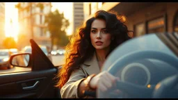 Create an ultra-realistic cinematic 8K fullbody of lady mode skin texture, add makeup,pretty boots,curvy long hair. Style: fashion editorial, confident is driving a roofless rolroise in streets of a modern city. Lighting: warm golden hour sunlight, soft rim light. Camera look: shallow depth of field, film grain, cinematic color grade. Outfit: keep similar to the original or elevate slightly with premium casual style.