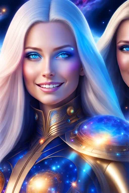 cosmic woman smile, admiral from the future, one fine whole face, crystalline skin, expressive blue eyes,rainbow, smiling lips, very nice smile, costume pleiadian, Beautiful tall woman pleiadian Galactic commander, ship, perfect datailed golden galactic suit, high rank, long blond hair, hand whit five perfect detailed finger, amazing big blue eyes, smilling mouth, high drfinition lips, cosmic happiness, bright colors, blue, pink, gold, jewels, realist, high commander