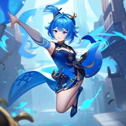 Clear focus,High resolution, Vibrant short blue hair, Vibrant blue eyes, Genshin impact inspired outfit, wearing a short skirt, kicking pose, full body, jumping