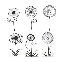 set of grow wind flower on the grace silhoutte, SIMPLE ONE lineS art, white background, minimalis, different view, only white bakcground solid.