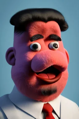 Waist up muppet Portrait, Kim Jong-un as muppet doll, black suit, photo studio, red background, unreal engine 5, concept art, art station, god lights, ray tracing, RTX, lumen lighting, ultra detail, volumetric lighting, 3d.