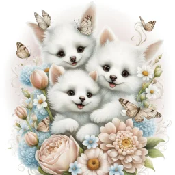 fantastic flower bouquet with pale colors, lace chocolate balls and very cute little floating, clinging fantasy creatures between the flowers, high cualtiy, detailed, sharp focus, fantasy, nice flowers, photorealistic, masterpiece