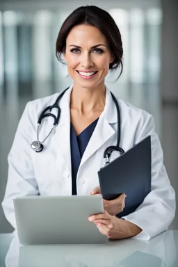 portrait of a kindly faced 40 year old female doctor with dark hair and a smiling expression