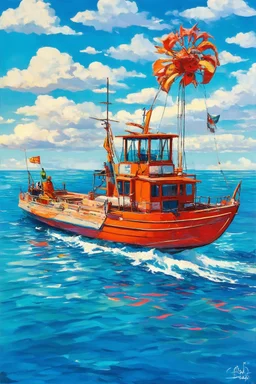 on the boat on a long journey, japanese modern pop art