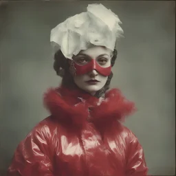 Countess da Castiglione,with a mask,, red, autochrome, plastic puffy jacket