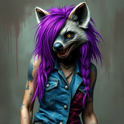 SCUZZPUNK AESTHETIC: FILTH, GRIME, STINK... SCUZZ. And a DEVIL-MAY-CARE FLIRTATIOUS SASSY IRREVERENCE. Denim vest, purple hair, anthropomorphic she-hyena.