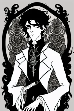 black haired young man necromancer wizard with gothic jewelry and tentacle fingers in the style of Aubrey Beardsley