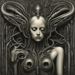 In HR Giger's artwork, the biomechanical theme often extends to the representation of human figures, including depictions of multiple female figures. Giger's two-girl biomechanical imagery is characterized by the fusion of organic and mechanical elements, creating a disturbing and otherworldly vision of female forms. The two-girl biomechanical compositions by Giger often feature twisted and contorted bodies intertwined in a surreal and unsettling manner. The intricate details and dark color pal