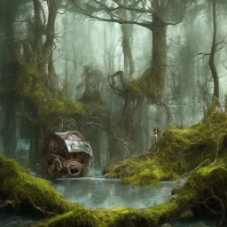 goddess athena abandoned, between moutain, swamp, water, glass, fog, highly realistic, highly detailed, intricate, 8k