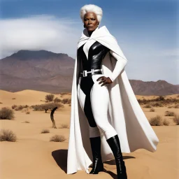 [high res photo by Helmut Newton] a 65 years old black wrinkled version of Storm in the desert, the Marvel X-men super heroine in her iconic white X-men outfit