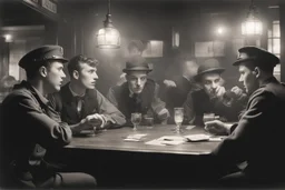 Smoky pub, cheerful young men drinking around a table, a policeman looking thoughtfully at the ID card of one of the boys, lamplight