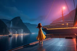 A modern city at the foot of the mountain. The entrance valley with a waterfall from a high rock.and huge sea with a very big ship in it, A beautiful lady dancer showing her performance in a poen stage on deck of ship in a top and midi skirt. at night ,dynamic color turnning lights