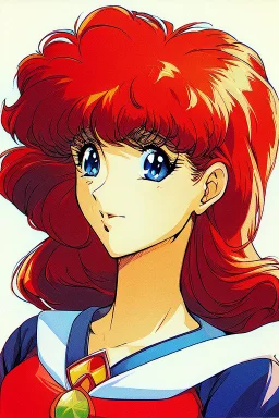 1girl, retro anime, 80's, redhead,Portrait of beautiful woman, sparkling dark blue eyes,