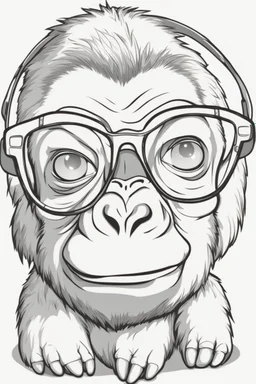 Outline art for cute coloring pages with gorilla with glasses, full body, white background, sketch style, only use outline, clean line art, no shadows and clear and well outlined.