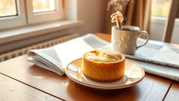 A single delicates cake filled citrone creme on a small ceramic plate on a wooden table. A steaming mug (possibly coffee or tea) and a folded newspaper are also on the table. Natural, warm sunlight streams in from a window on the left, casting pleasant shadows and creating a cozy, relaxed morning atmosphere