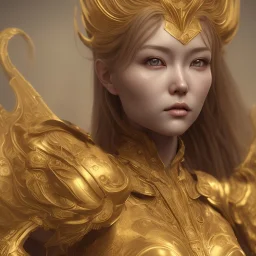 portrait hitomi tanaka, dress valkyrie, statue golden, intricate, octane render, highly detailed, highly realistic, cinamatic, deep colours,8k