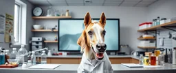 we absolutely should mix horses and dogs scientist lab, mad scientist portrait, sample of horse dog on a screen