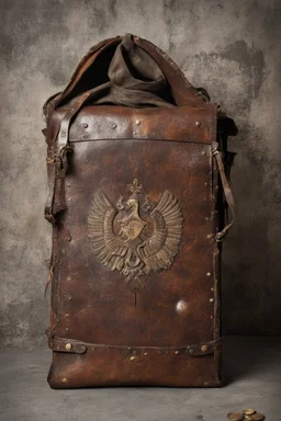 in the BASEMENT there is an old, broken brown oblong leather chest with short handles, with a hole on the side, gold coins from the time of Catherine the Great fall out of it. The ancient coat of arms of tsarist Russia, the double-headed eagle, is BARELY VISIBLE on the bag. All in high quality 8K