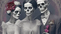 Famous Skeleton Couple Posing together wearing 1920's Hollywood Grandeur; Surreal, Intricately Detailed, Beautiful, Colorful, award-winning, high definition, ultra-detailed, beautiful, rose tones