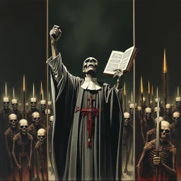 single image arraigned across separate box panels with negative space in between, zombie priest with clerical collar raising an arm holding a Necronomicon in front of an army of undead templars, nihilism, stylish oil painting, by Ted McKeever style, by Zdzislaw Beksinski, ink wash mind-bending illustration, dark shine, by VS Gaitonde