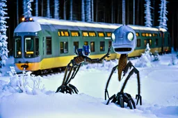 Subject(centipede robot waving a ticket), Style(futurism, cyberpunk), Location(A forest with a futuristic train station, Forest, Alberta, night, Feb, 1994), Frame(wide shot of passenger facesinterior train), Cam( Nikon, R3, anirmorphic lens, extreme bokeh blur, analog film grain,fuji film, color fading, film scratches, mold, vinegar syndrome, dirt, dust, emulsion damage, water damage, film tears, Cinemascope mumps, gate hair)