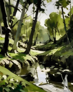 A black woods filled with windmills painted by John Singer Sargent