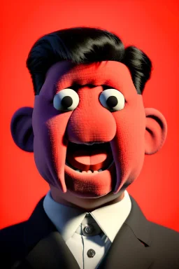 Waist up muppet Portrait, Kim Jong-un muppet doll, black suit, photo studio, red background, unreal engine 5, concept art, art station, god lights, ray tracing, RTX, lumen lighting, ultra detail, volumetric lighting, 3d.