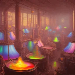 inside factory of colors. smoke rises from multi-colored glassware. color swatches in the background. hyperdetailed, warm colors, detailed painting, photorelistic, oil on canvas, light dust, futuristic. volumetric lighting