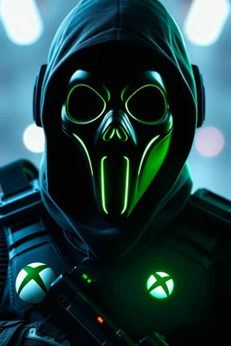 ghost mask glowing soldier character with an xbox logo at background