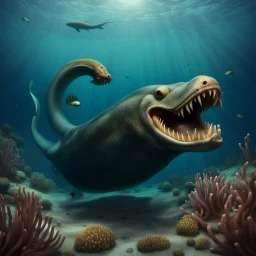 a sea monster with a dog's head, the body of a moray eel, fins of a fish, swims in the ocean