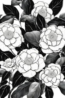 outline art of Camellia only black and white, no colour , White background. sketch style, clean line art, white background, no shadow and clear, no people, no colour, for book
