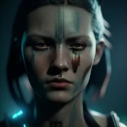 a moody close-up portrait of beautiful female warrior in a cyberpunk city, volumetric lighting, particals, intricate detail,realistic, 8k