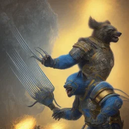 angry Wolverine warrior in Blue and yellow battle armor, a highly detailed illustration, background of Inka jungle, realistic render, 8 k, micro detail, intricate, elegant, centered, digital painting, Artstation, smooth, sharp focus, illustration, artgerm, tomasz alen kopera, peter mohrbacher, donato giancola, joseph christian leyendecker, wlop, boris vallejo