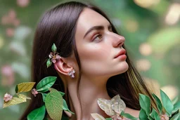 brunette woman in coloured glass gress set with gemstones, glittering metal stems and gemstone leaves in a flowergarden sharp focus elegant extremely detailed intricate very attractive beautiful dynamic lighting fantastic view crisp quality exquisite detail in the sunshine gems and jewels