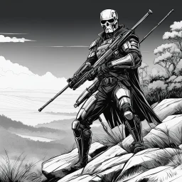A Terminator as a sniper on a hill in the bush, his long rifle on a rock, ready to fire. Record of Lodoss War style, Linework: Expressive, expressive black ink line art with variable stroke weights. Crisp contours define silhouettes while fine hatching adds subtle depth and form.