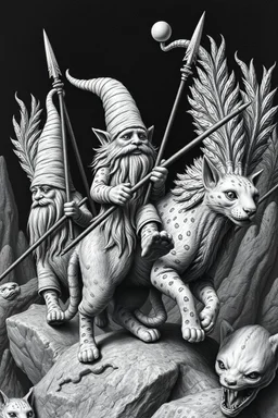 gnomes riding cats with lances in the style of Escher and Giger