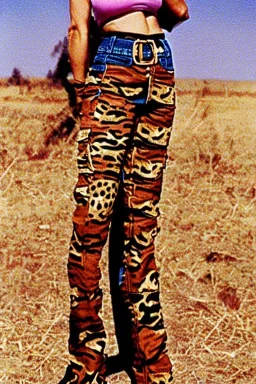 year 1997 denim fashion, "combat pants", cargo, Loose fit, low waist, baggy. Colors: denim blue, blue, purple, khaki, light green, lilac, plum, orange, terracotta, red, pink, dark blue, beige. Patterns: cheetah, balls, stripes. cheetah belt. Something between camouflage and cheetah prints. Women models. Sharon Stone, Sandra Bullock, Winona Ryder, Milla Jovovich, Big tennis shoes on. Latex in small part, areas, clothes..Combat pants. Leg warmers.