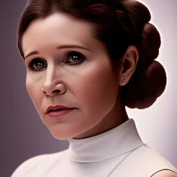 half-length portrait, three-quarter face pose of carrie fisher as Princess Leia with photo realistic fine and very simple short hair, entrancing deep brown eyes, eos5d mark 4, ef 85mm 5.6, Intricate, High Detail, Sharp focus, realism, beautiful and detailed lighting, by Annie Leibovitz