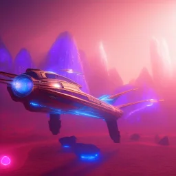 a crystalised blue pink spaceship, gold, diamonds, lightbeams, cosmic background, atmospheric, realistic, unreal engine, 8k. Cinematic lighting, octane render.