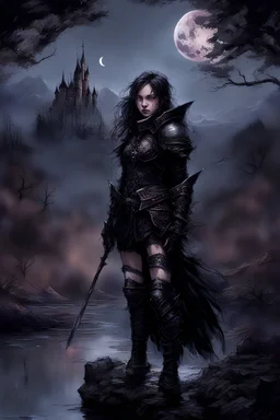 A formidable warrior girl in black armor, against the background of an amazing gloomy landscape, flooded with the light of two moons, mountains, trees, a fabulous scary landscape, juicy emotions, painting, dark fantasy, gloomy day, dark world, portrait, Gothic Town At Night, Fantasy, Intricate Details, Castle Courtyard Gardens, Hyper Detailed, Jean Baptiste Monge, Carne Griffiths, Michael Garmash, Seb Mckinnon, Masterpiece