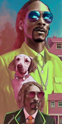 Snoop dogg. a chair. pink houses, pink sky, pink smoke