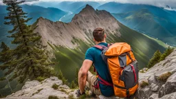 photo from a man falls down from a mountain with a backpack into the abyss, detalied, Professional photography, natural lighting, canon lens, shot on dslr 64 megapixels ,sharp focus