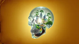 old worn paper, plain contrast background, crystal transparent Skull with city and plants inside, backlight inside, 8K, high detail, hyperrealism, high resolution, bright colors, ART illustration