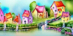 exquisite whimsical village watercolor, delicate village, cute, adorable, linen backdrop