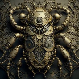 a mechanical beetle insect, top view, anatomic, highly intricate design and elements, ancient and mythic vibes, medieval treasure vibes, screws, bolts, buttons, cylinders and pipes, circuitry design insect, cinematic top view