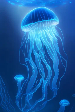 Cartoon Electric blue jelly fish swimming in the deep blue ocean making it glow up, 4k, HDR, concept art, highly detailed, soft lighting, artstation, award winning, art by Rene Magritte and George Luks and Adam Miller and Tom Bagshaw