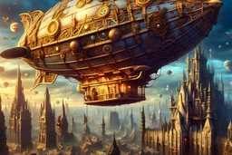 "Imperial Zeppelin" - a steampunk flying zeppeln with many inticate gold filigree, flying over a surrealistic cyberpunk medieval gothic village - ultra high quality, sharp focus, focused, high focus, very sharp, high definition, extremely detailed, hyperrealistic, intricate, fantastic view, very attractive, fantasy, imperial colors, colorful