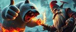 epic movie poster, fire drop polar bear vampire with thumbs up grabbed by throat vs gnome goblin rock priest zombie war lord, fish eye lense